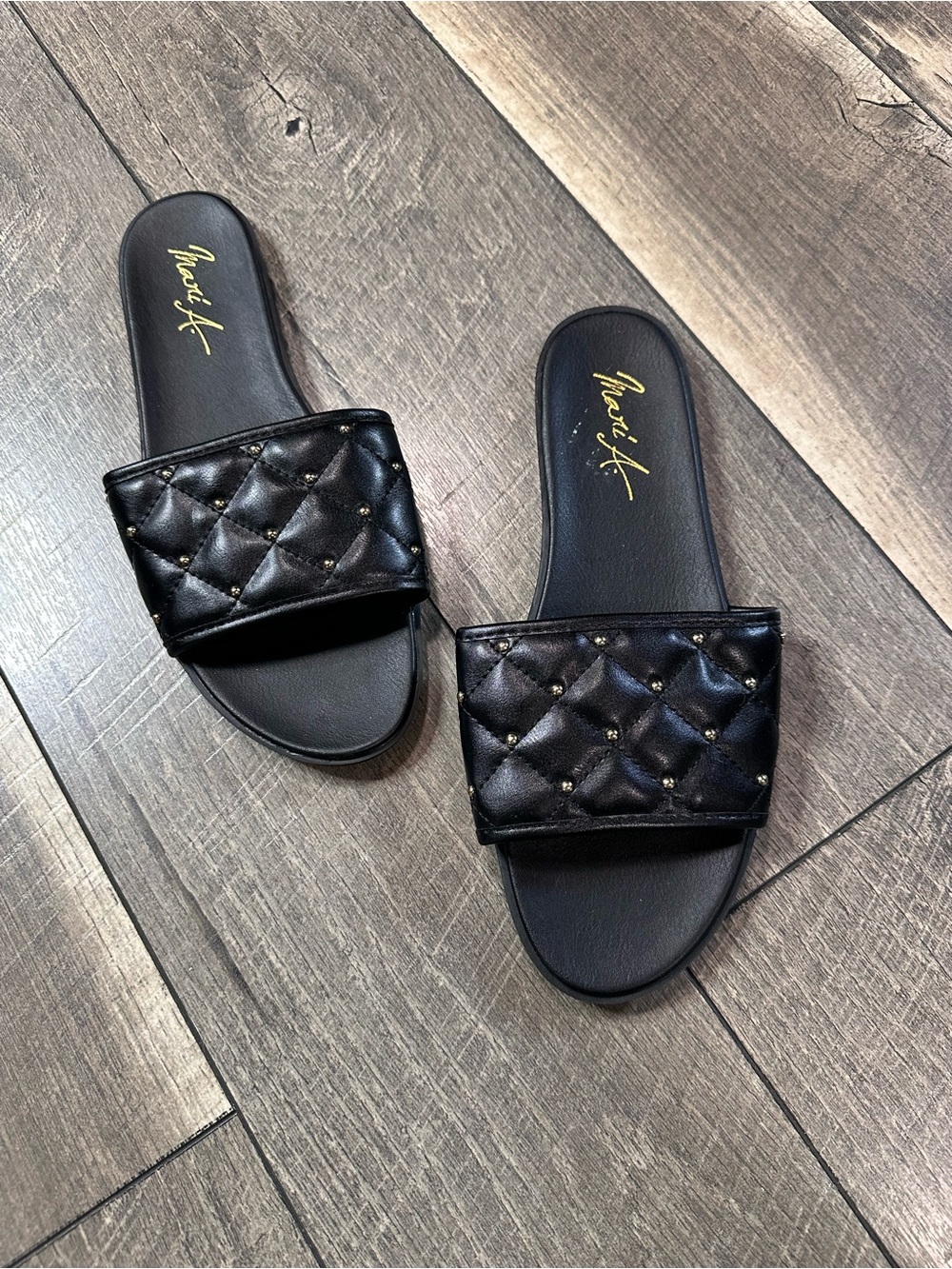 Mari A. Black Talisa Gold Studded Slip On Quilted Sandals